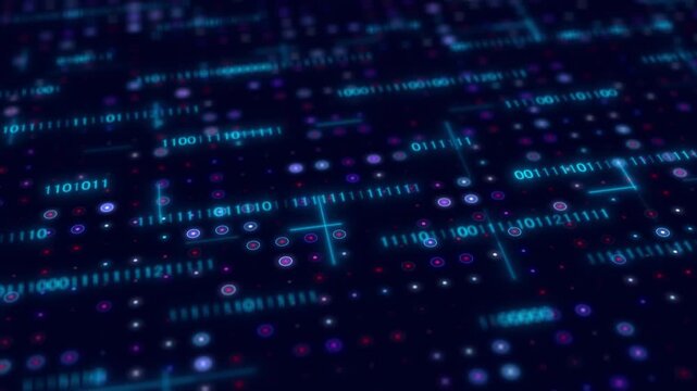 A dark blue background featuring a digital screen display with binary code 0 and 1 scrolling in streams, representing computer programming and numerical data in a futuristic