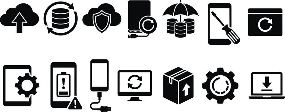 Black silhouette icons representing various digital mobile technology concepts