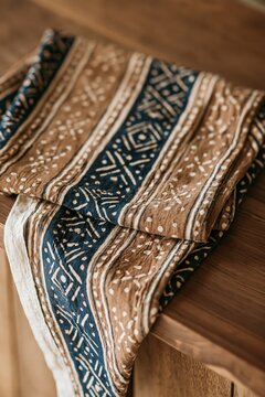 African boho patterned textile with brown and navy geometric stripes draped over a wooden table