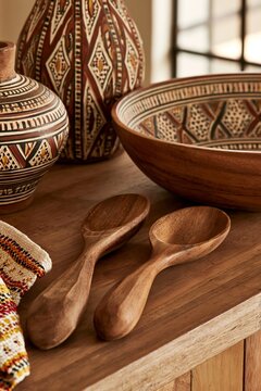 African boho patterned ceramics, wooden spoons, woven textile, and carved bowl on a wooden table
