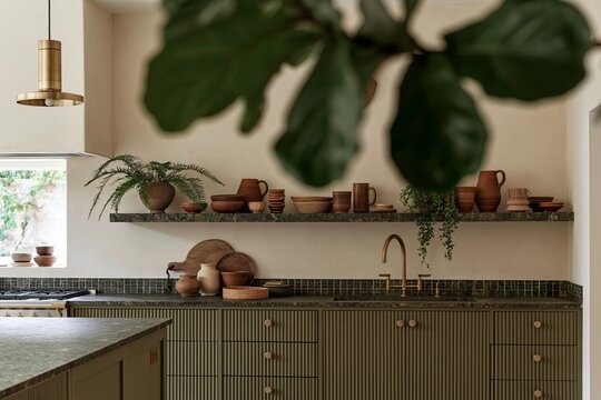 Olive green fluted afro boho kitchen cabinets with soapstone counters and blurred fiddle leaf fig foreground