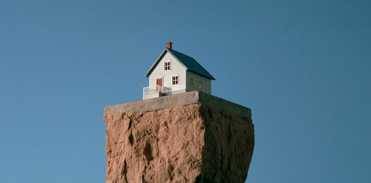 Small house on isolated rocky pillar against clear blue sky, mortgage reliability and stability concept