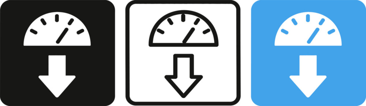 Weight loss icon set featuring scale gauge and downward arrow symbols in black white and blue flat design styles on square rounded background for health and fitness apps