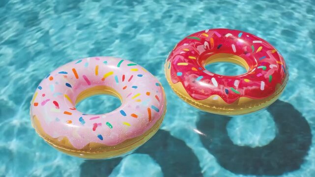 Colorful donut pool floats on sparkling water