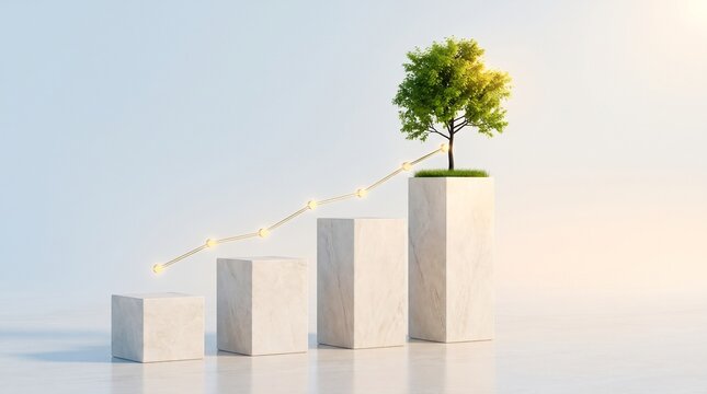 Sustainable environmental social governance representing green business growth with tree on minimalist white bar chart
