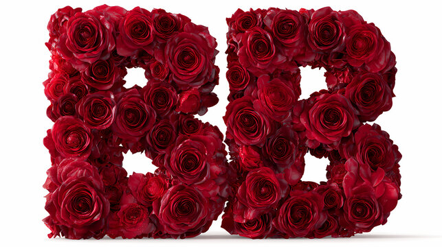 Letters BB shaped double floral typography constructed entirely of densely packed fresh red roses against a transparent studio backdrop.