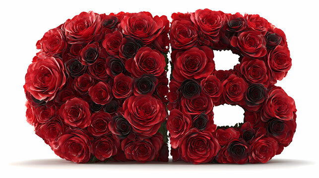 Letters CB shaped custom floral typography crafted from deep red and dark roses arranged intricately together.