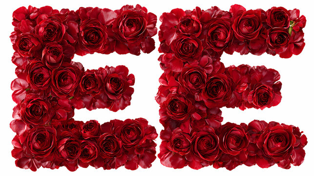 Double letters E arranged precisely using tightly packed crimson rose heads against a transparent background.