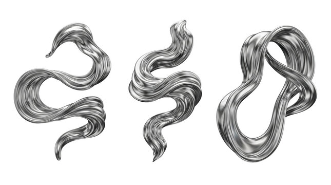 Three abstract liquid silver ribbons with flowing, twisted shapes and metallic reflective surfaces on a plain white background