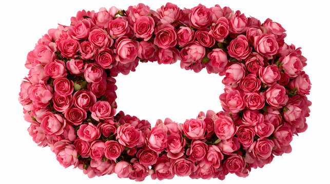 Letter O formed entirely by dense pink and red rose blossoms against a plain isolated background.
