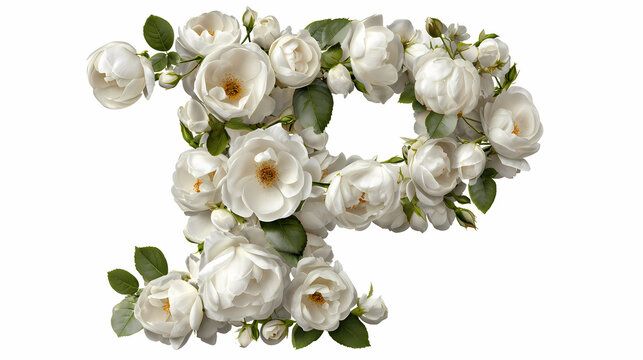 Letter p shaped cursive botanical typography created from lush white roses and green foliage isolated neatly on a pure transparent background surface.