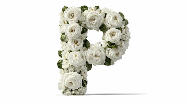 Letter p shaped decorative floral typography composed of delicate white garden roses and green leaves isolated cleanly on a bright studio backdrop.