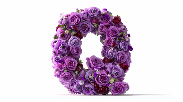 Letter Q is meticulously shaped using vibrant purple and violet roses packed closely together, set against a stark transparent backdrop for graphic use.