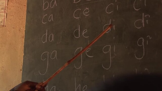 A teacher uses a wooden stick to point at syllables written in chalk on a blackboard during a reading lesson in a rural school in Kenya.