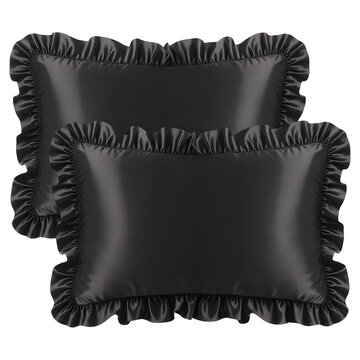 Two Black Satin Ruffled Pillowcases Isolated on Transparent Background for Bedroom Decor and Interior Design Projects