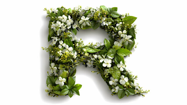 Letter R is sculpted from a dense arrangement of small white blossoms and green leaves, standing alone on a bright transparent studio surface.