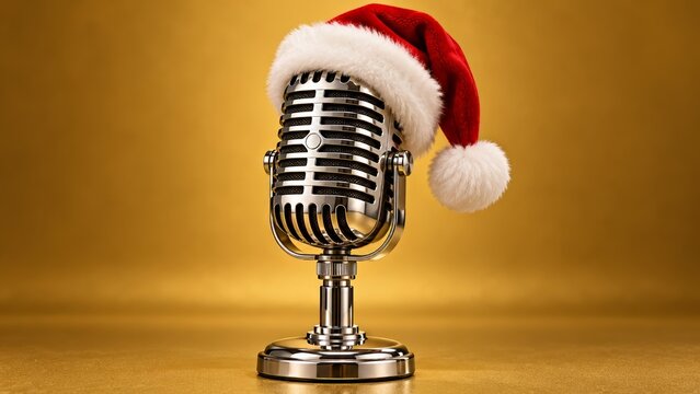Retro silver broadcast microphone dressed in a red Santa hat on a warm golden studio background, festive Christmas music, holiday radio announcements and seasonal entertainment in a clean composition.