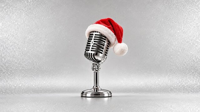 Retro chrome microphone wearing a red Santa hat on a silver frosted tabletop with a softly sparkling winter background, seasonal Christmas music and radio celebration concept with copy space.