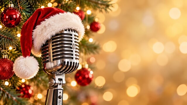 Vintage silver microphone in a red Santa hat beside a decorated Christmas tree with red ornaments and fairy lights, festive carol singing and holiday radio concept with golden bokeh and copy space.