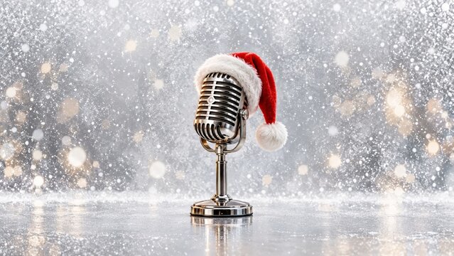 Vintage broadcast microphone wearing a Santa hat on a reflective snowy surface amid falling snow and glowing winter bokeh, festive Christmas radio and holiday music announcement with a seasonal mood.