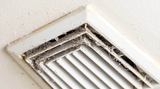 Dusty air vent covered in cobwebs on an indoor ceiling. HVAC maintenance and indoor air quality concern. Household cleaning and sanitation. Building repair and ventilation system upkeep.