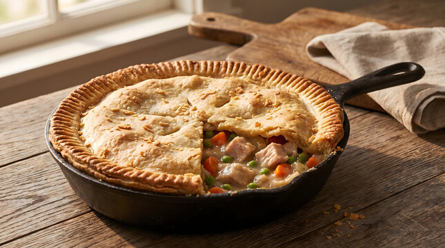 A freshly baked homemade turkey pot pie in a black cast iron skillet served on a rustic wooden table top kitchen view