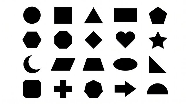 A clean and organized grid layout featuring a comprehensive collection of fundamental 2D geometric shapes and solid black silhouette icons on a plain white background. The set includes basic geometry 