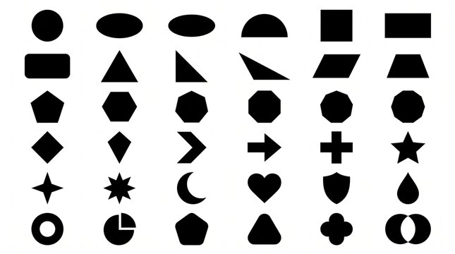 A clean and organized grid layout featuring a comprehensive collection of fundamental 2D geometric shapes and solid black silhouette icons on a plain white background. The set includes basic geometry 