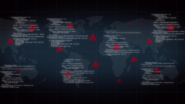 World map warning data theft global, computer hacking and coding, cybersecurity location danger notifications cyberspace sign and digital network data threat