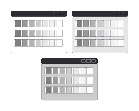 Browser color schemes with coordinated swatch gradients black and white cartoon clipart set. Website palettes. Interface theme selection isolated vector linear elements. Flat spot illustration pack