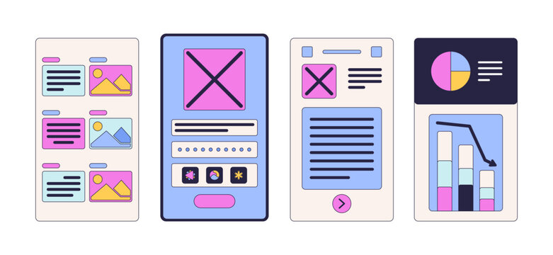 Mobile app wireframes and UI layout 2D cartoon clip art set. Analytics dashboard. Content layout with image placeholders isolated flat vector elements on white background. Spot illustration pack