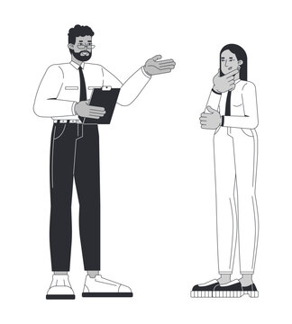 Business colleagues discussing workplace tasks line art characters. Black manager holding clipboard. Supervisor mentoring employee isolated vector outline people. Black and white spot illustration