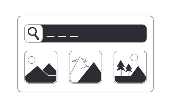Image search interface with landscape results black and white clipart. Online picture browsing. Visual discovery platform. Gallery content placeholders isolated linear element. Spot illustration