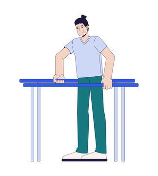 Man practicing walking rehabilitation with parallel bars 2D cartoon character. Physical therapy. Patient improving lower limb strength flat vector person isolated on white. Colorful spot illustration