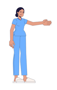 Arab female nurse in blue medical scrubs extending her arm 2D cartoon character. Turkish healthcare assistant in welcoming gesture flat vector person isolated on white. Colorful spot illustration