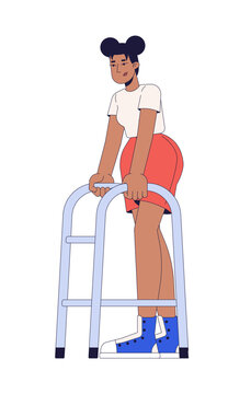 Black woman using medical mobility walker frame 2D cartoon character. Female patient focusing on physical therapy rehabilitation flat vector person isolated on white. Colorful spot illustration
