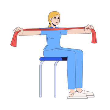 Female nurse in blue scrubs demonstrating resistance band stretch 2D cartoon character. Therapist showing rehabilitation exercise flat vector person isolated on white. Colorful spot illustration