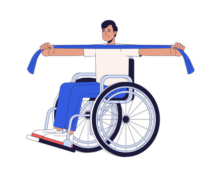 Indian man in wheelchair performing upper body resistance band exercise 2D cartoon character. Patient practicing arms strengthening flat vector person isolated on white. Colorful spot illustration