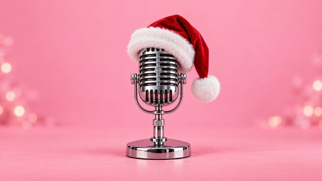 Christmas microphone dressed in a red Santa hat on a soft pink studio background with delicate glowing bokeh, minimalist holiday music and festive radio announcement concept for seasonal advertising.