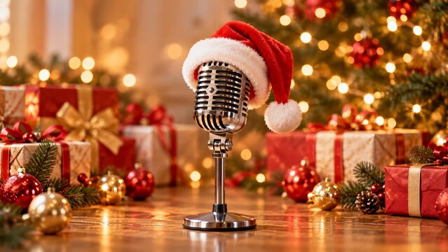 Christmas microphone wearing a Santa hat among wrapped presents, red and gold baubles, glowing fairy lights and a decorated tree, a festive holiday music and seasonal radio announcement setting.