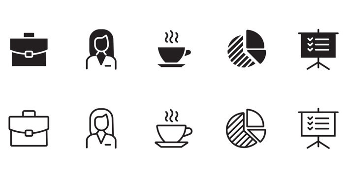 Business icon set with line and glyph style, modern corporate office elements set, presentation and analytics icons for web design