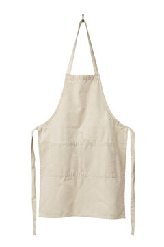 Plain beige cotton apron with pockets hanging on a hook against a clean white background, ready for customization