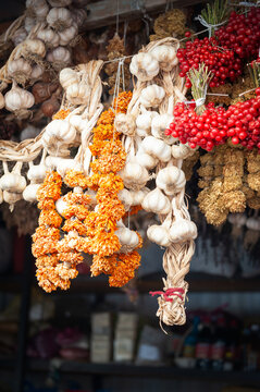 Dried garlic, red berries and herbs hang in market bundles and showcase rustic culinary textures