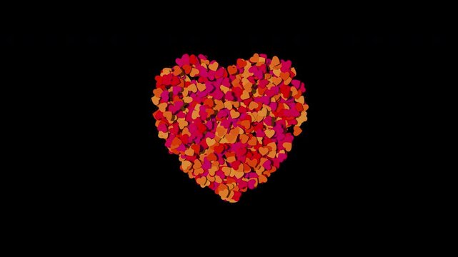 Tiny red and orange heart particles forming a large heart shape on an alpha channel background. Ideal for Valentine's Day, romance, Wedding,  love, and greeting video projects.