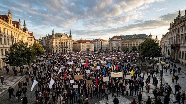 Crowd of protesters demonstrating in public square