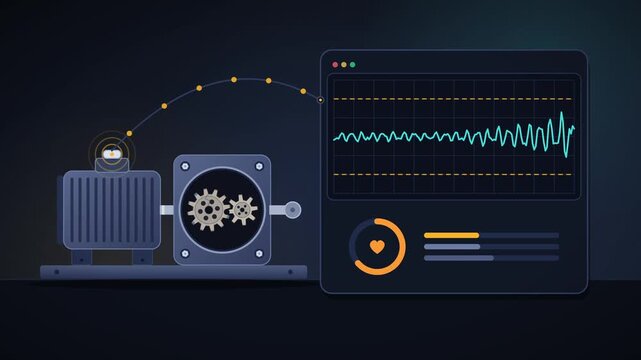 Digital interface monitoring industrial motor vibrations, showing anomaly detection with warning alerts before repairing the mechanical issue and restoring normal parameters