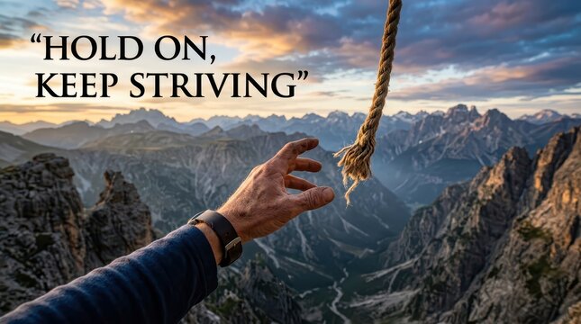 Man's hand reaching for frayed rope against dramatic mountain landscape at sunset