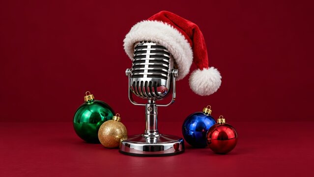 Christmas microphone wearing a plush Santa hat beside Christmas baubles on a burgundy background, retro holiday radio and festive music concept with seasonal greeting space.