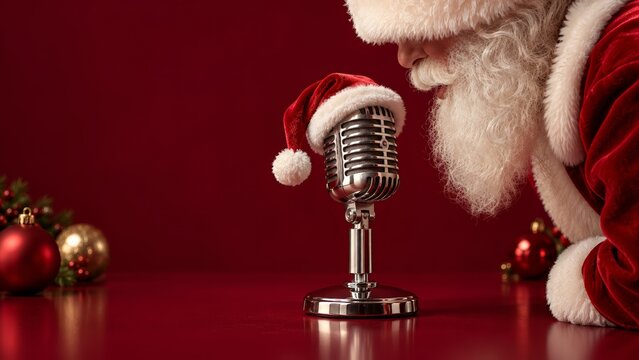Christmas microphone wearing a Santa hat as a white-bearded Santa Claus leans in to speak, red studio backdrop with festive baubles and open copy space for holiday radio and Christmas storytelling.