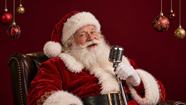 Christmas microphone held by a smiling Santa Claus seated in a leather chair, surrounded by hanging red and gold baubles on a burgundy backdrop for festive storytelling and holiday radio broadcasts.